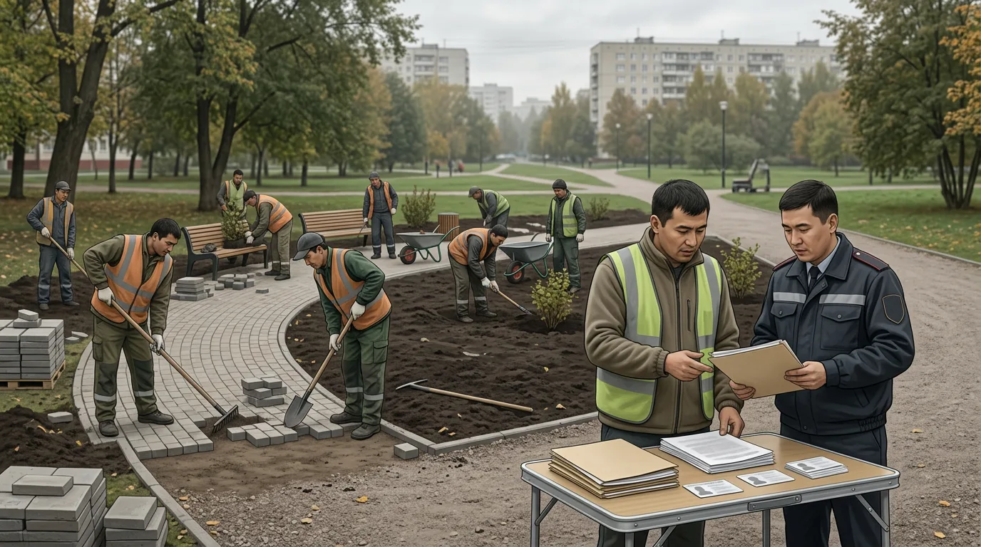 Работники на благоустройстве парка и проверка документов иностранного персонала